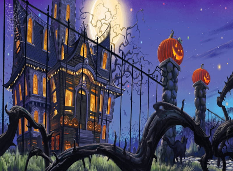 Halloween Manor, fence, house, black cat, pumpkins, HD wallpaper
