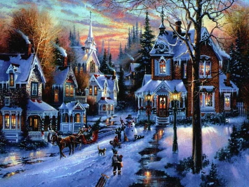SNOWY VILLAGE, snow, houses, town, village, winter, HD wallpaper