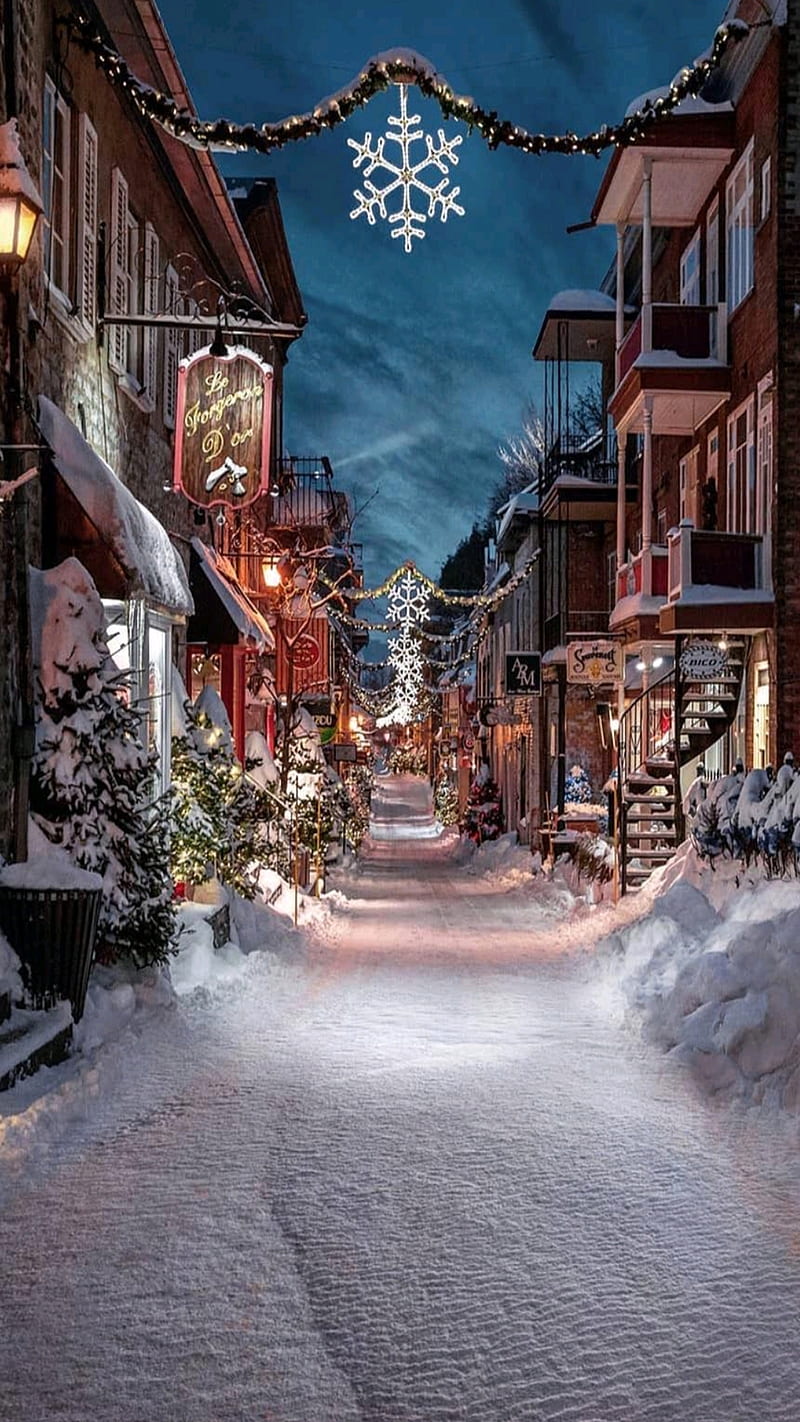Christmas season, christmas trees, decoration lights, snow, snowflakes, town, winter, HD phone wallpaper