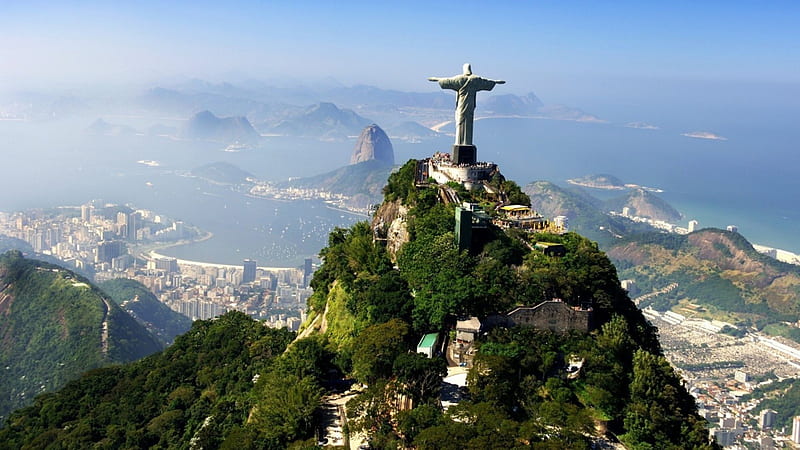 christ the redeemer over rio de janeiro, mountain, monument, city, statue, aerial, fog, HD wallpaper