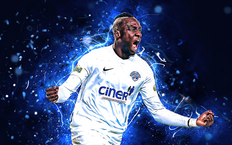 Mbaye Diagne, white uniform, Kasimpasa FC, goal, senegalese footballers, soccer, Diagne, Turkish Super Lig, neon lights, abstract art, HD wallpaper