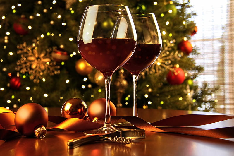 Xmas, glass, tree, merry, christmas, wine, decoration, HD wallpaper