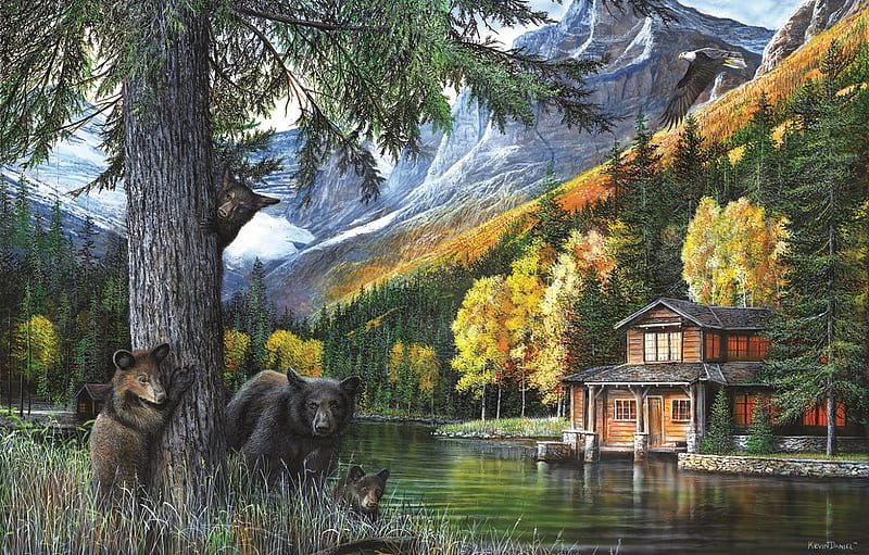 :), bear, art, painting, house, pictura, cottage, kevin daniel, mountain, HD wallpaper