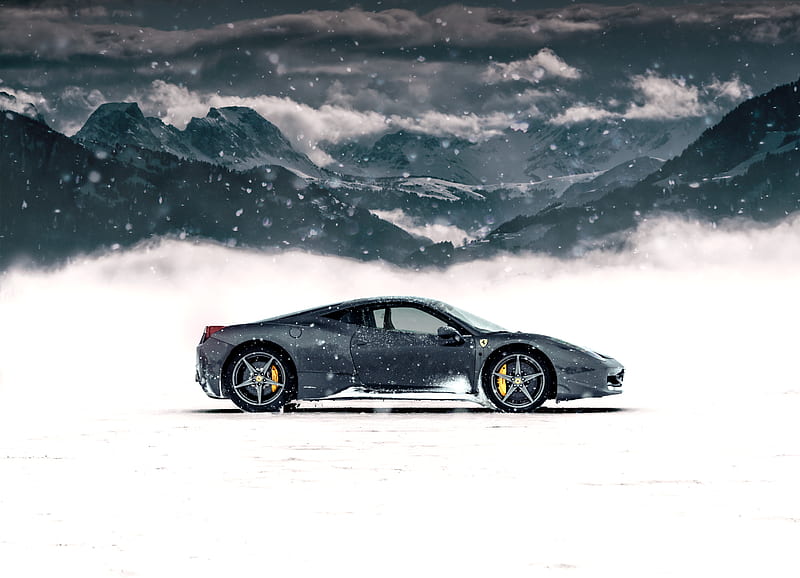 ferrari 458 italia, ferrari, sports car, gray, side view, snow, mountains, winter, HD wallpaper
