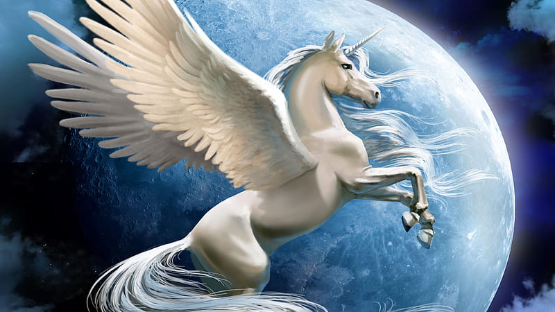 Pegasus, art, wings, moon, luminos, unicorn, horse, fantasy, moon, feather, white, blue, HD wallpaper