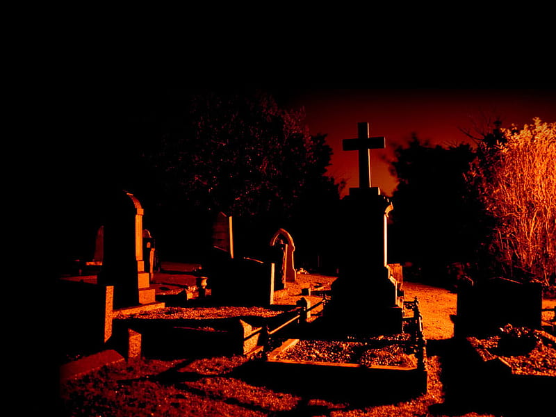 The Graveyard, dead, cemetery, tombstones, graveyard, cross, tombs, red sky, coffins, HD wallpaper