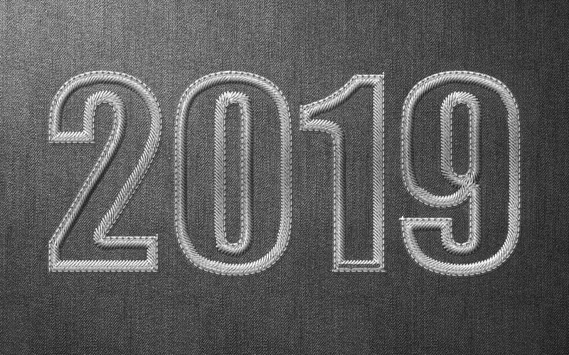 2019 year, gray fabric, embroidery, gray background, 2019 concepts, Happy New Year 2019, HD wallpaper