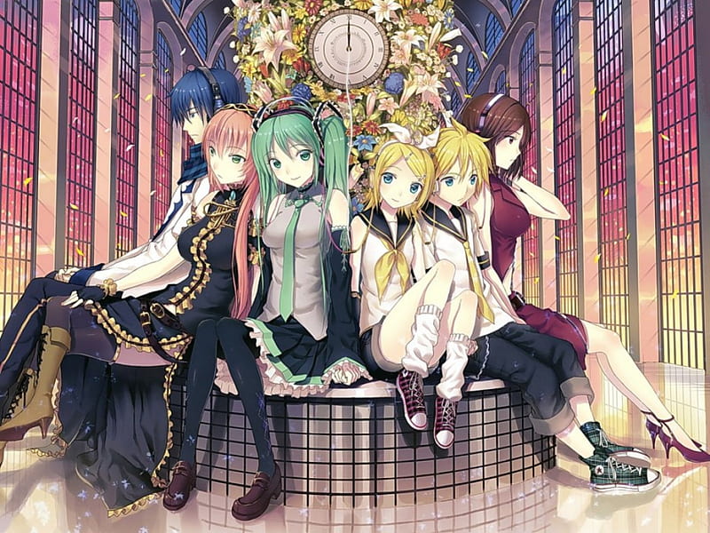 Miku,Len,Rin,Meiko,Luka,Kaito Together Forever!!! :D, cute, vocaloid, music, together, melody, clock, friends, HD wallpaper