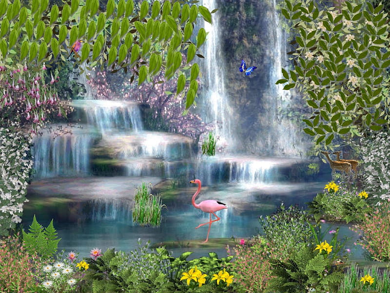 yourself here, 3d, water, absract, flowers, waterfall, animals, HD wallpaper