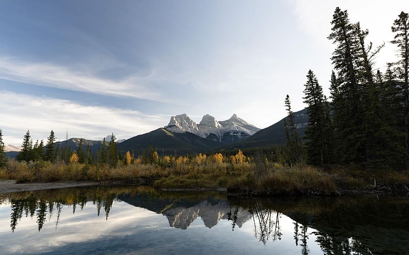 Three Sisters, Alberta, autumn, clouds, trees, sky, canada, water, lake, reflections, HD wallpaper