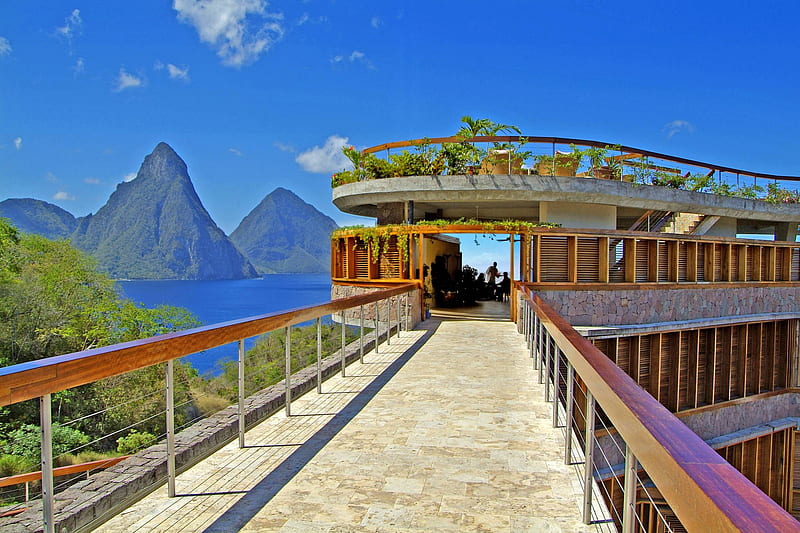 Beautiful View - St Lucia Paradise Island Caribbean West Indies, architecture, bonito, st lucia, sea, modern, mid century, luxury, hotel, exotic, islands, view, ocean, vista, caribbean, building, paradise, west indies, mountains, island, tropical, HD wallpaper