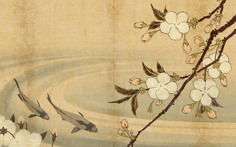Japanese Art, sakura, art, japan, japanese, fish, koi, cherry blossom, HD wallpaper