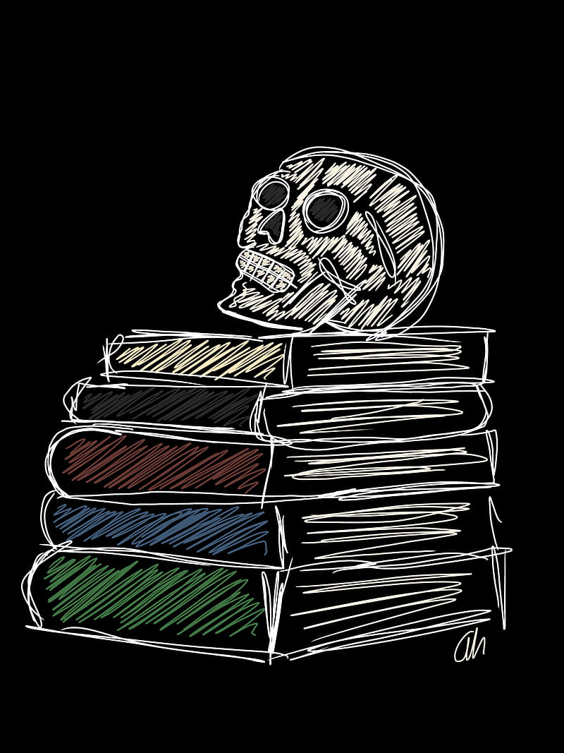 skeleton and books, black, blue, colors, creme, dark, green, lines, red, HD phone wallpaper