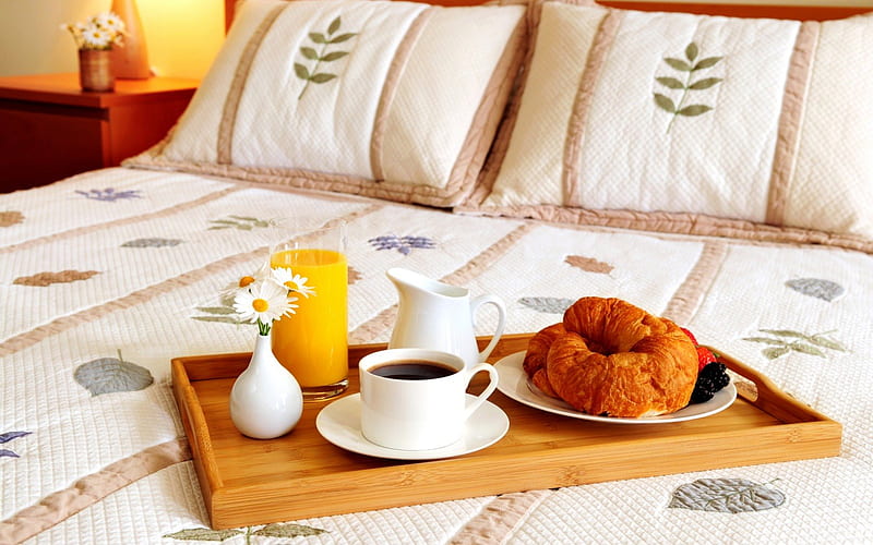 Breakfast in bed, pillow, food, bread, vase, bed, donut, coffee, cup, flower, HD wallpaper