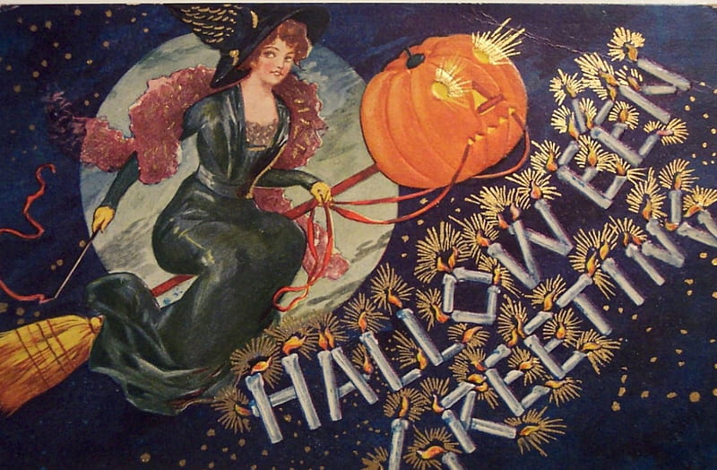 Halloween Greetings, witch, moon, pumpkin, painting, artwork, broom, vintage, HD wallpaper
