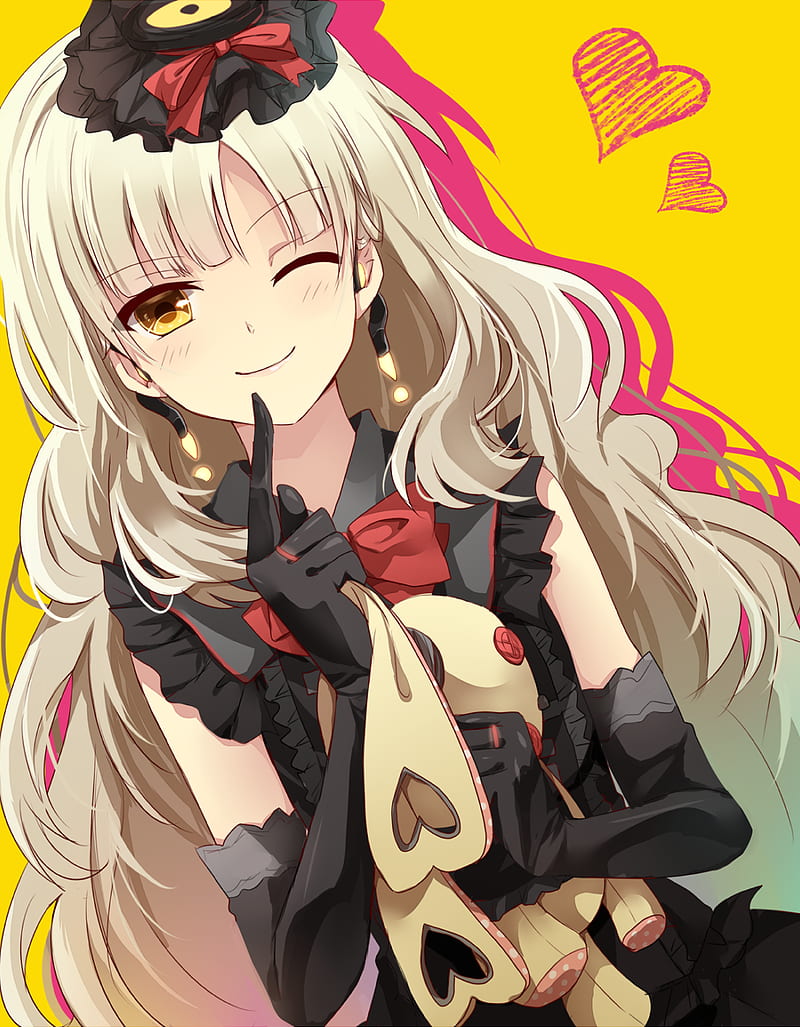 anime, anime girls, Vocaloid, long hair, gray hair, yellow eyes, blonde, heart, looking at viewer, gloves, HD phone wallpaper