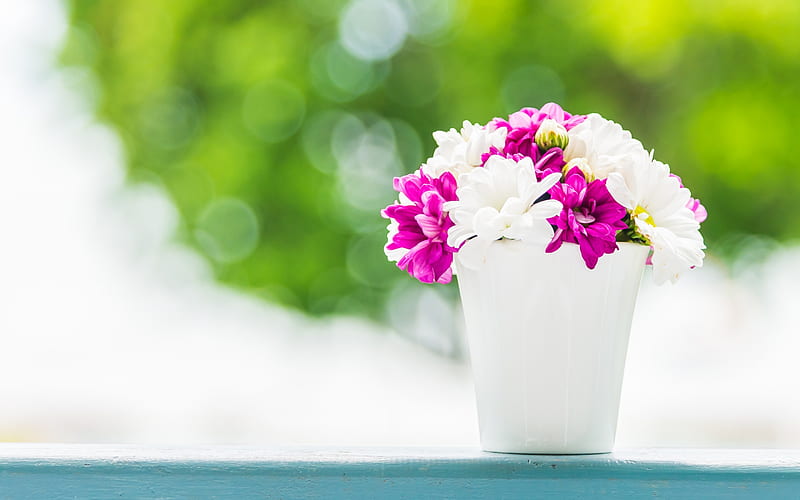 spring bouquet, violet white flowers, vase, spring, beautiful flowers, HD wallpaper
