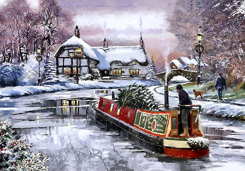 Bringing Home the Tree F1, Christmas, art, house, holiday, December, bonito, illustration, artwork, winter, boat, snow, painting, wide screen, occasion, scenery, HD wallpaper