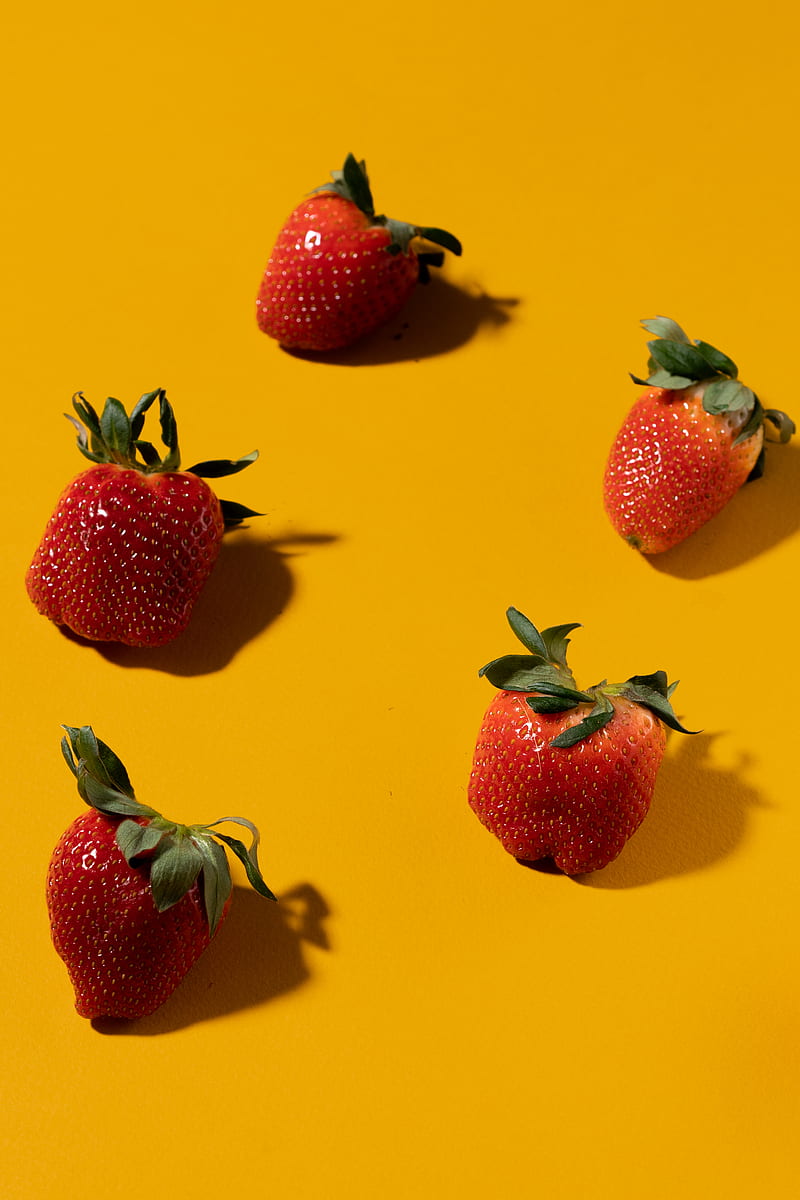 Red Strawberries on Yellow Surface, HD phone wallpaper