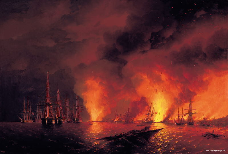 Battle Night, red, ships, guerra, sadness, orange, ocean, explosion, sky, fire, HD wallpaper
