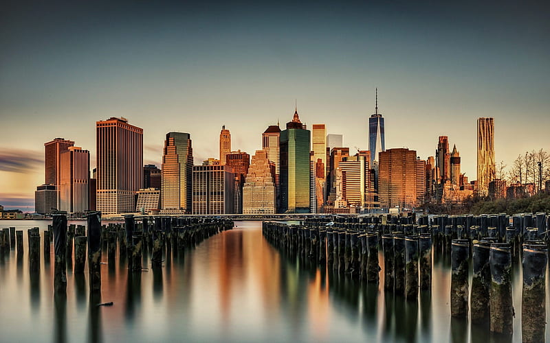 New York, Manhattan, Civic Center, USA, evening, sunset, skyscrapers, American cities, metropolis, HD wallpaper