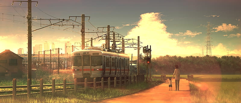 train, clouds, anime landscape, mother and child, trees, Anime, HD wallpaper