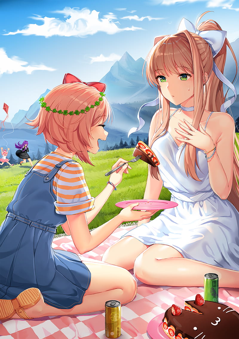 anime, anime girls, digital art, artwork, 2D, portrait display, vertical, Doki Doki Literature Club, Monika (Doki Doki Literature Club), Natsuki (Doki Doki Literature Club), Sayori (Doki Doki Literature Club), Yuri (Doki Doki Literature Club), landscape, cake, Satchely, HD phone wallpaper