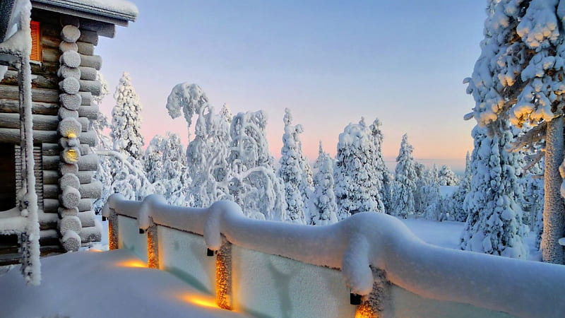 terrace on a log cabin lodge in winter, forest, lodge, terrace, winter, log, HD wallpaper