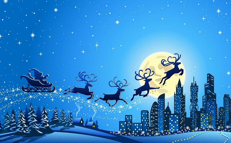 Christmas eve, Christmas, sleigh, moon, City, HD wallpaper