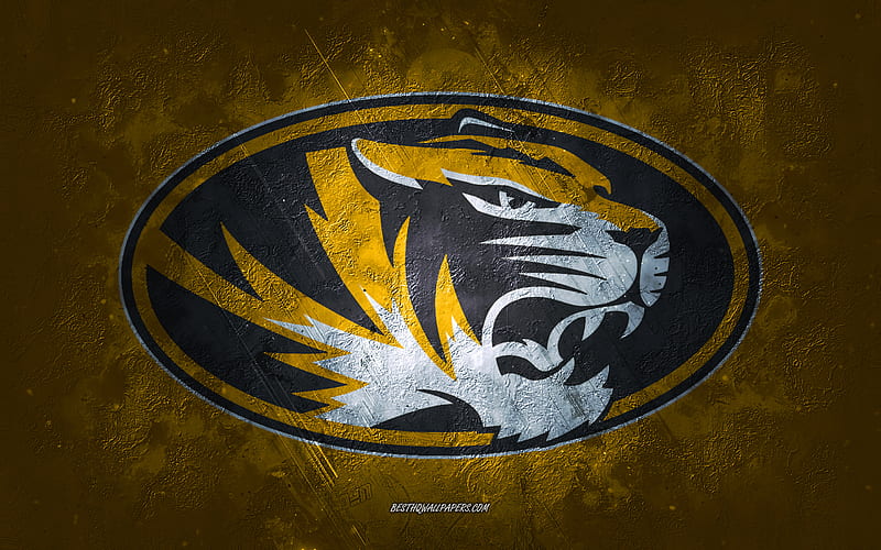 Missouri Tigers, American football team, yellow background, Missouri Tigers logo, grunge art, NCAA, American football, USA, Missouri Tigers emblem, HD wallpaper