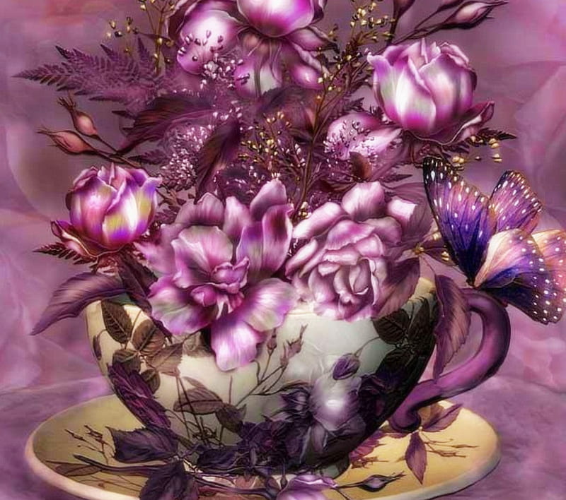 ✫Tea & Roses of Designs✫, pretty, designs, scents, charm, bonito, fragrance, sweet, leaves, blossom, gentle, flowers, beauty, pink, blooms, butterfly designs, table, imaginations, lovely, colors, tablecloth, roses, buds, softness, cute, cool, purple, tender touch, cup tea, nature, petals, HD wallpaper
