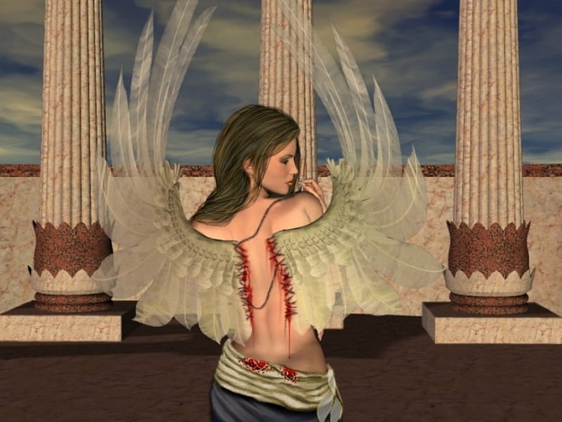 I Always Wanted to be an Angel, pillars, sewing, wings, attach, woman, blood, HD wallpaper