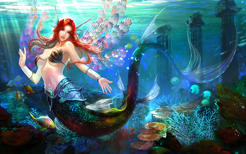 Winged Mermaid, art, pretty, fantasy, girl, digital, mermaid, bonito, woman, HD wallpaper