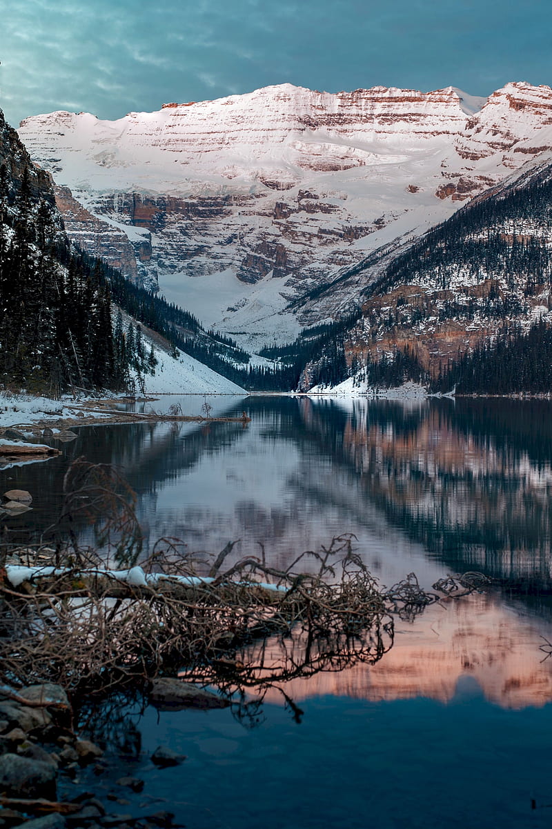 lake, mountains, snow, top, lake louise, canada, HD phone wallpaper