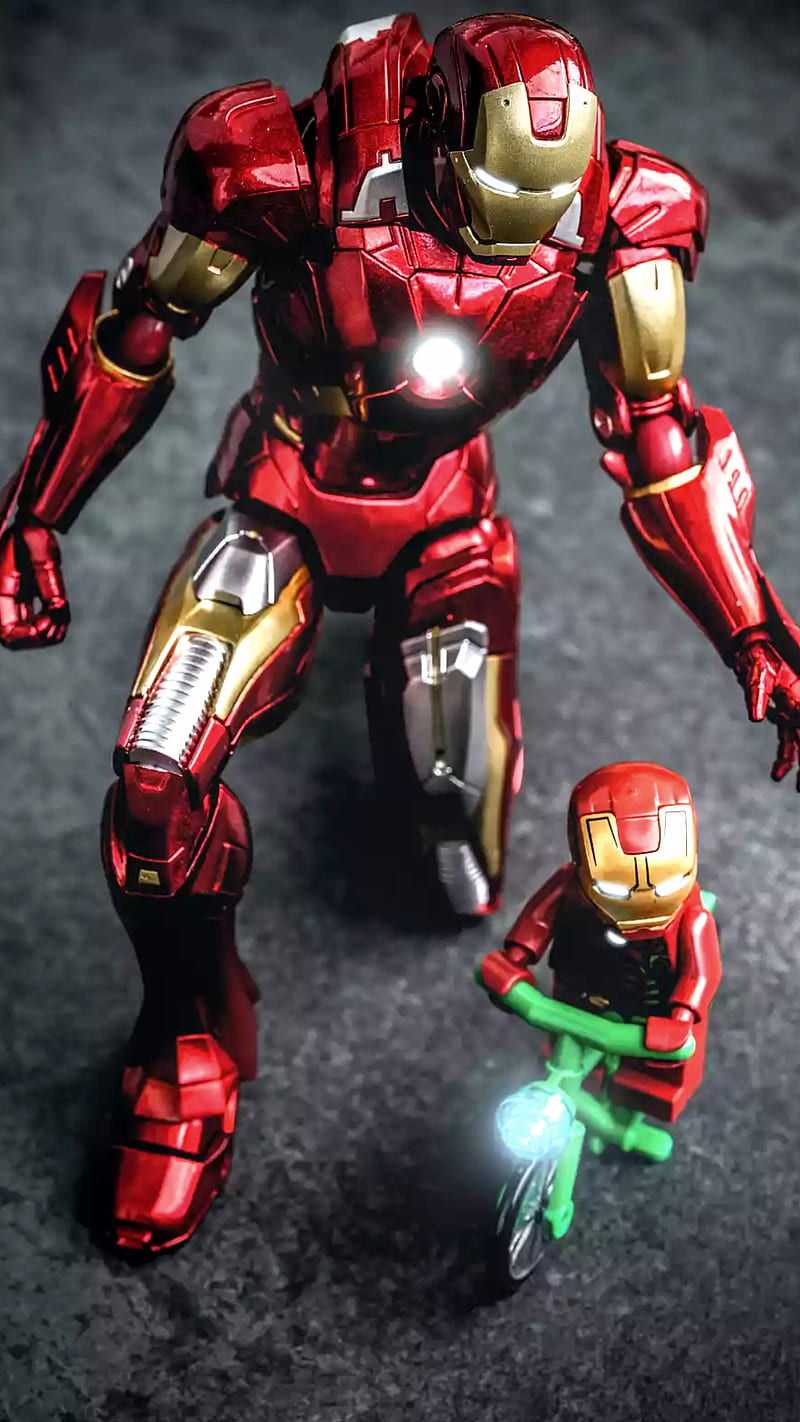 Father and son, iron, man, marvel, iron man, bicycle, little, bid, humor, funny, HD phone wallpaper