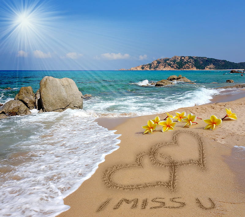 I Miss You, beach, corazones, love, plumeria, romantic, sand, sea, HD wallpaper