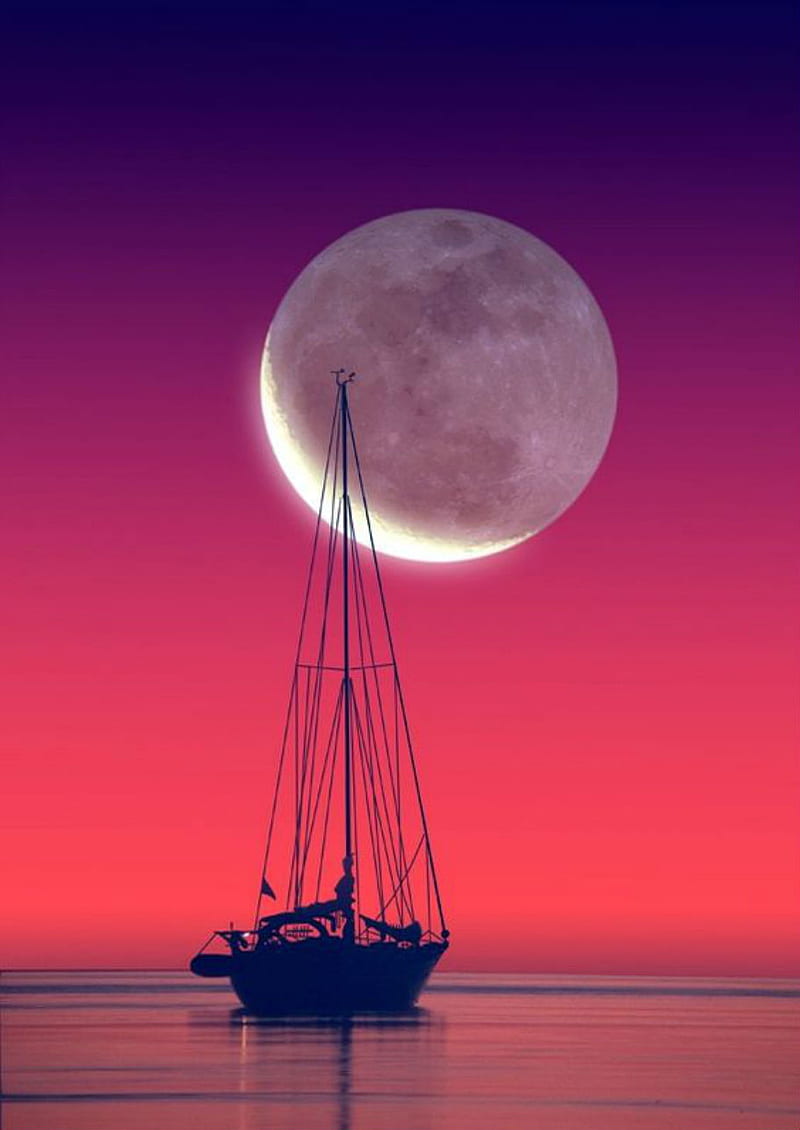 Midnight sailing, moon, boat, pink, purple, water, ocean, sea, HD phone wallpaper