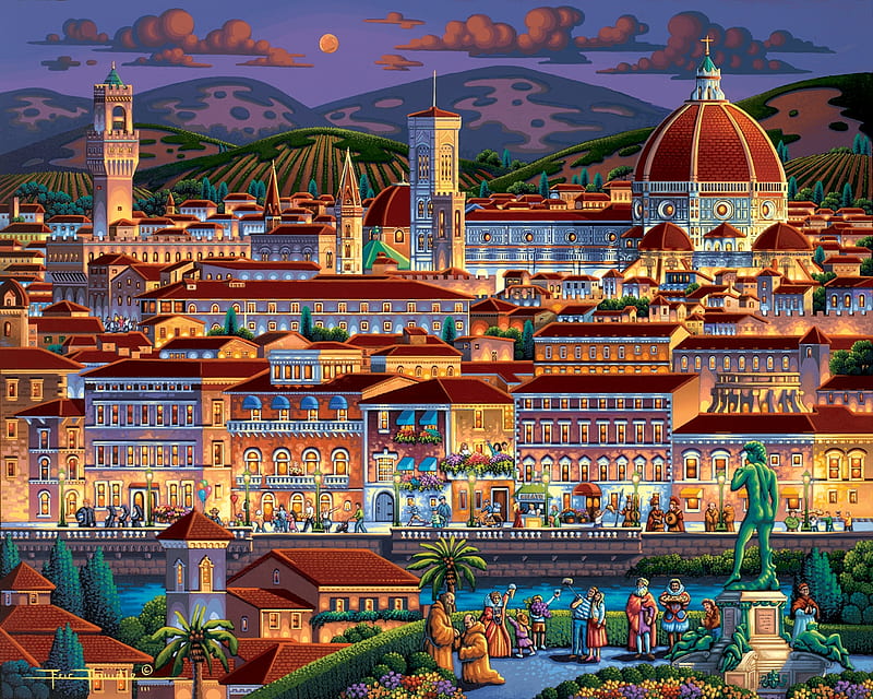 Florence, Italy, hills, buildings, houses, church, artwork, city, statue, painting, river, HD wallpaper