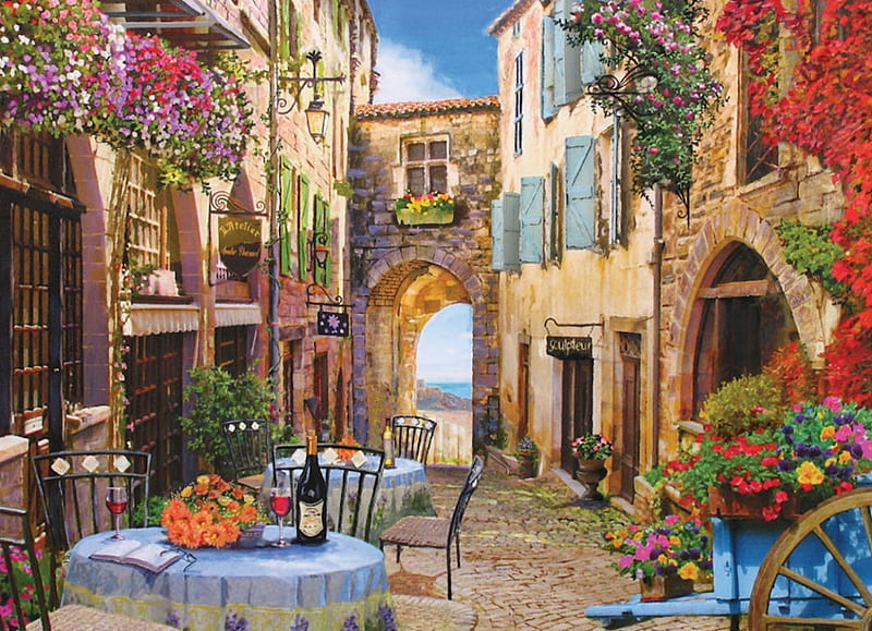 French Side Street Cafe, table, cafe, france, wine, french, flowers, drink, HD wallpaper