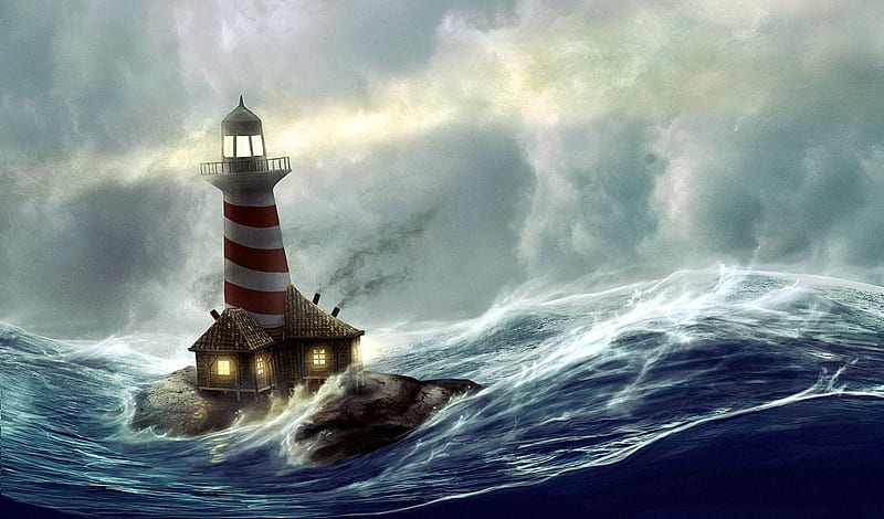 Lighthouse in Storm, painting, nature, waves, artwork, sea, HD wallpaper