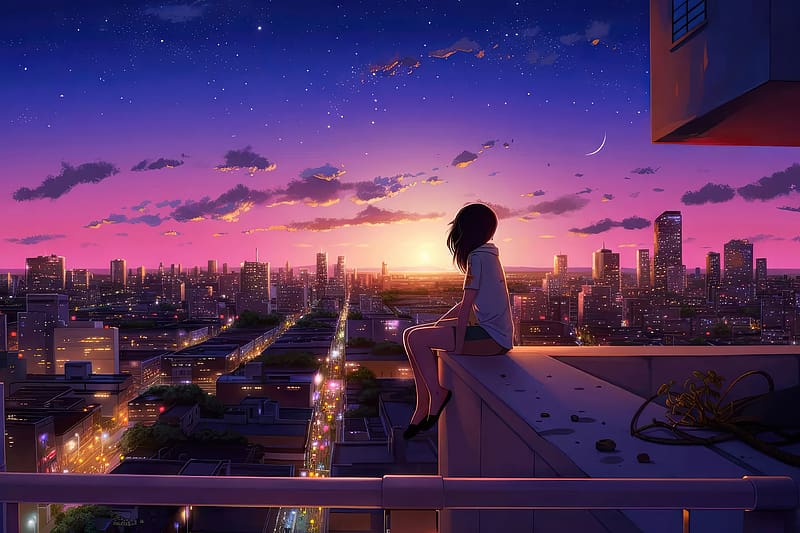 Saw A Sunset That Day, anime-girl, anime, alone, artist, artwork, digital-art, HD wallpaper