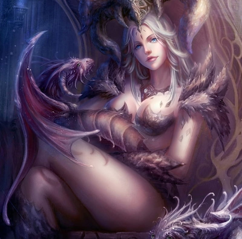 Dragon Throne, pretty, fantasy woman, white hair, bonito, woman, dragons, fantasy, throne, beauty, long hair, art, female, abstract, armor, purple, dark, lady, HD wallpaper