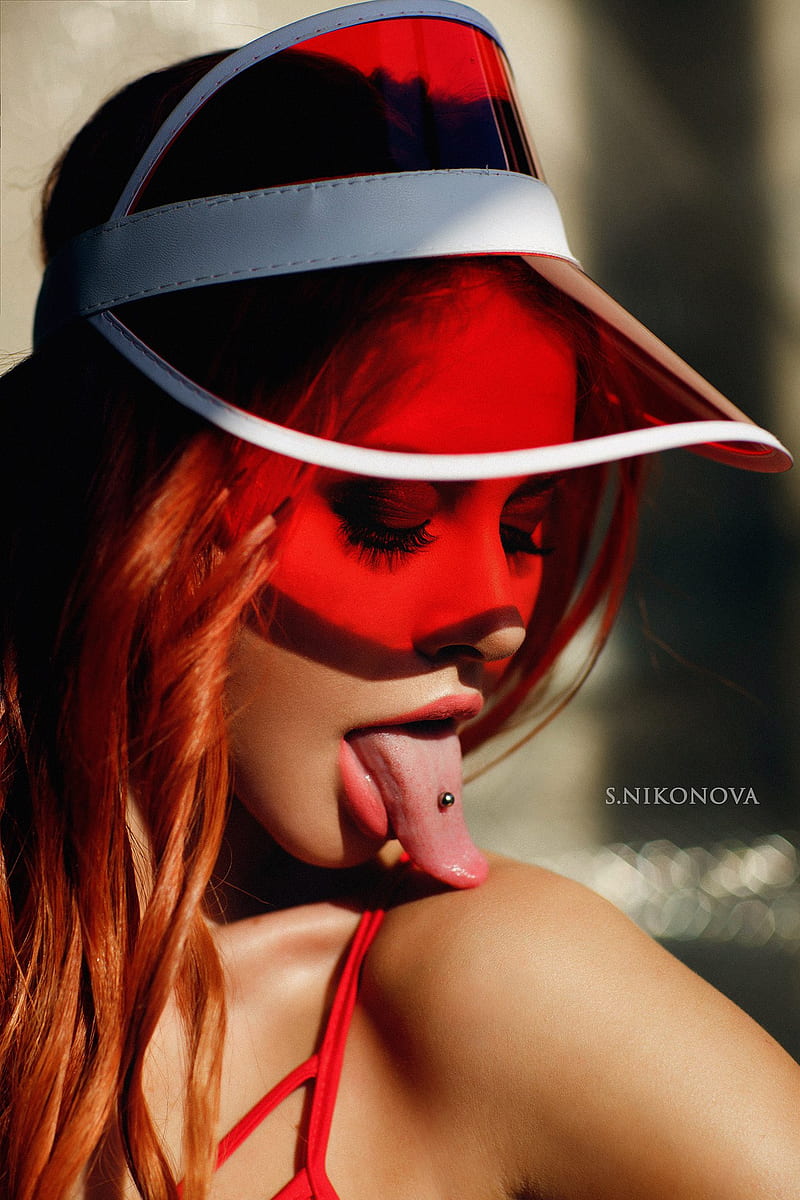S.Nikonova, women, model, face, tongue out, pierced tongue, red, Svetlana Nikonova, HD phone wallpaper