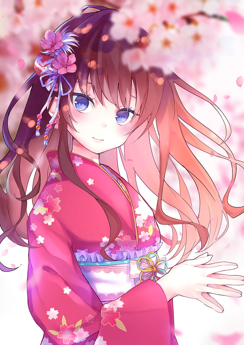 the idolmaster cinderella girls, ichinose shiki, cherry blossom, kimono, flowers, Anime, HD phone wallpaper