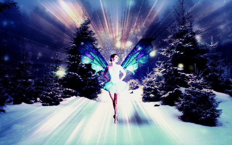 Dance of a sugar plum fairy, art, fantasy, 3d, dance, trees, woman, fairy, HD wallpaper