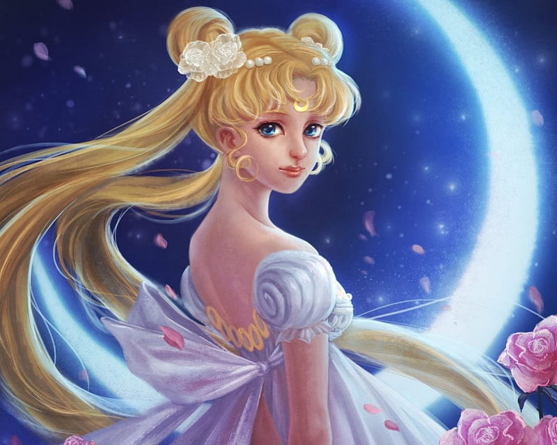 Princess Serenity, pretty, cg, sweet, floral, serena, nice, anime, royalty, sailor moon, beauty, anime girl, realistic, long hair, lovely, twintail, gown, blonde, sexy, cute, serenity, crescent, dress, blond, divine, rose, bonito, elegant, twin tail, moon, blossom, tsukino usagi, hot, blue eyes, sailormoon, gorgeous, usagi, night, female, blonde hair, twintails, usagi tsukino, roses, twin tails, blond hair, 3d, girl, flower, petals, princess, HD wallpaper