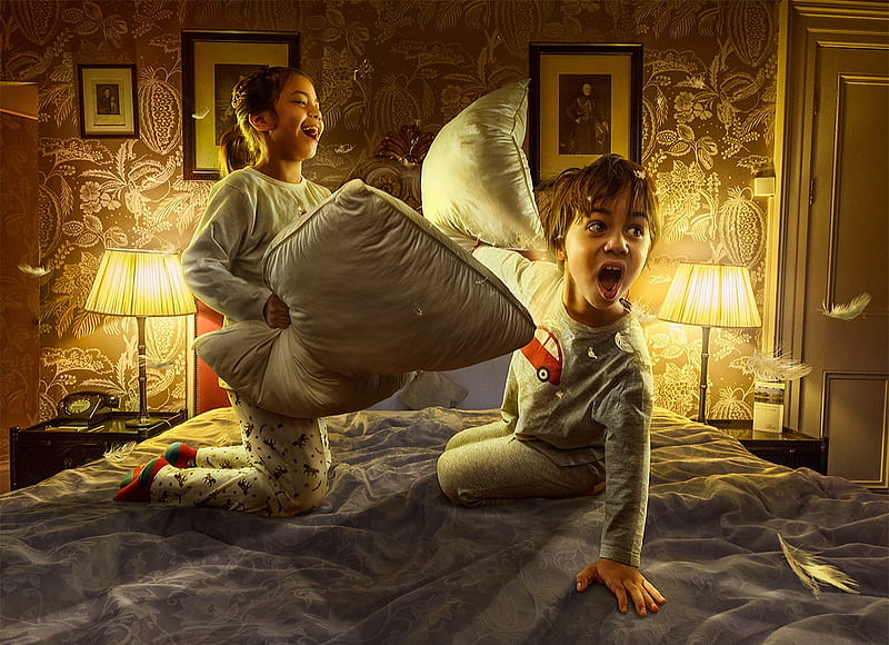 Pillow fight, adrian sommeling, children, yellow, creative, fantays, situation, boy, copil, HD wallpaper