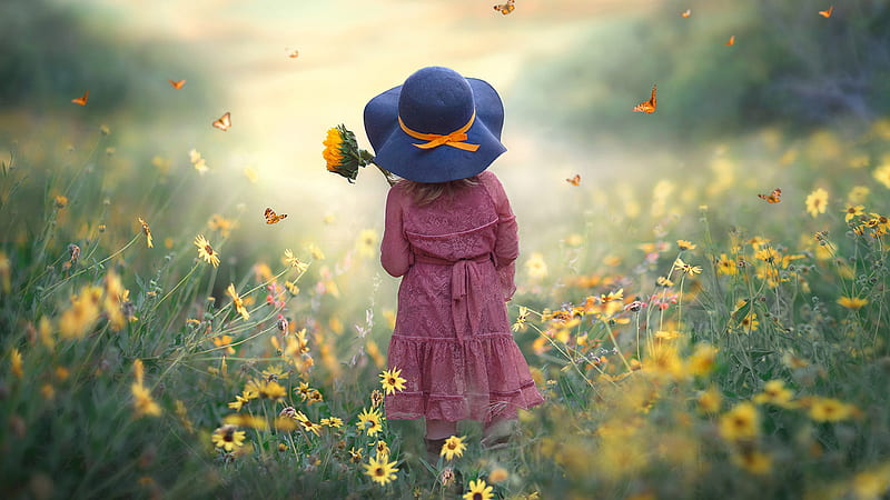 Cute Girl Child With Blue Hat Standing In The Field With Flowers Cute, HD wallpaper