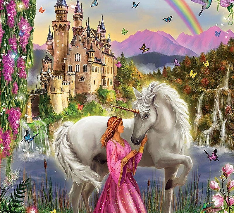 Princess and unicorn, unicorn, fantasy, girl, white, pink, princess, HD wallpaper