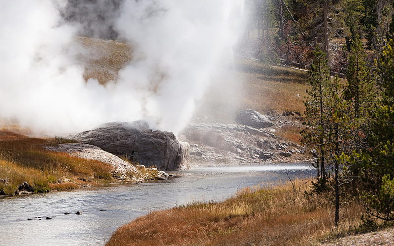 Riverside geyser throwing some shade, rocks, water, iceland, mountains, HD wallpaper